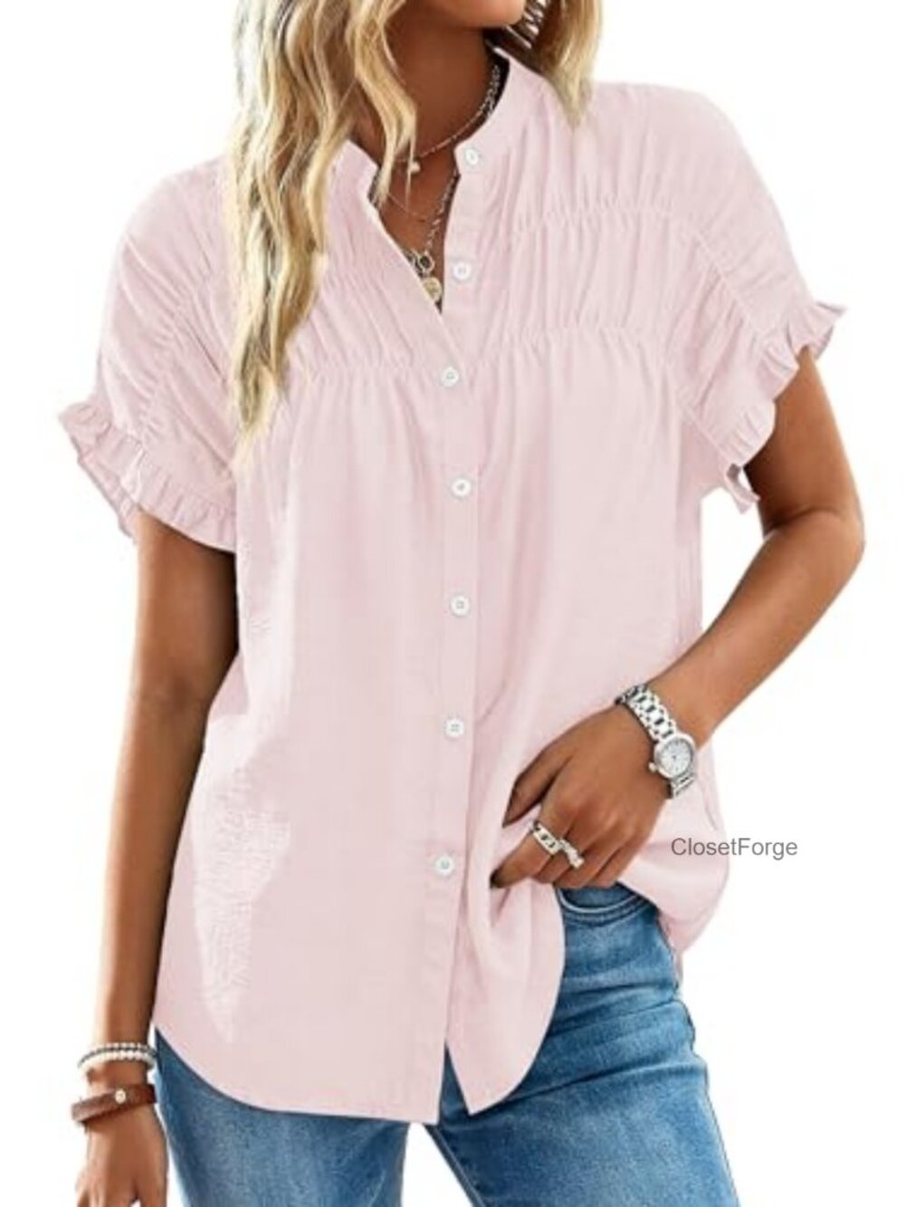 Women's Ruffle Button Down Blouse Lightweight Viscose Short Sleeve Oversized